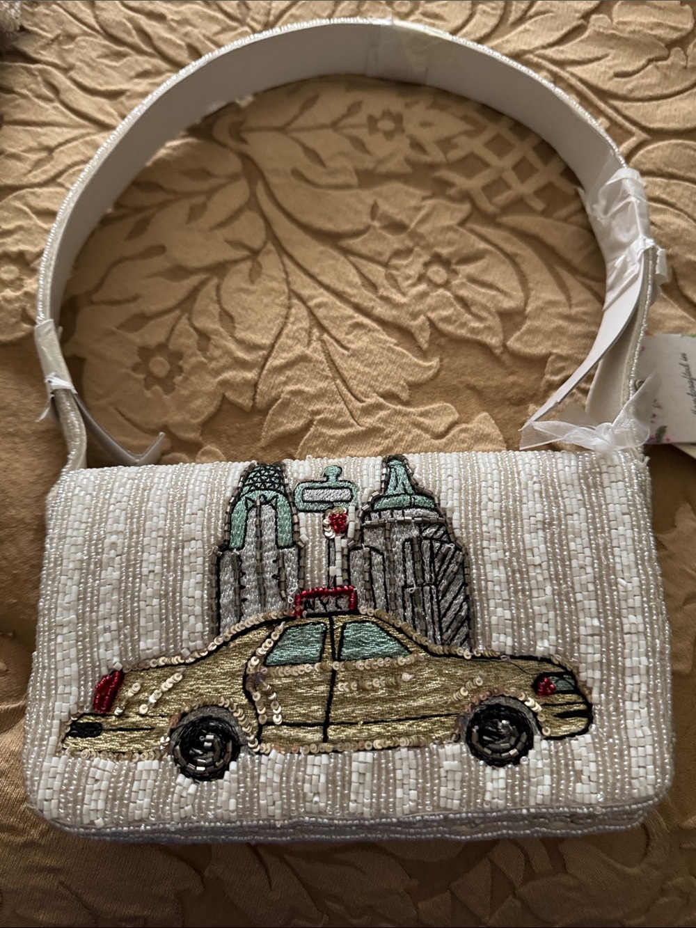 Viral Embellished Beaded Taxi Cityscape Shoulder Bag - White/Gold